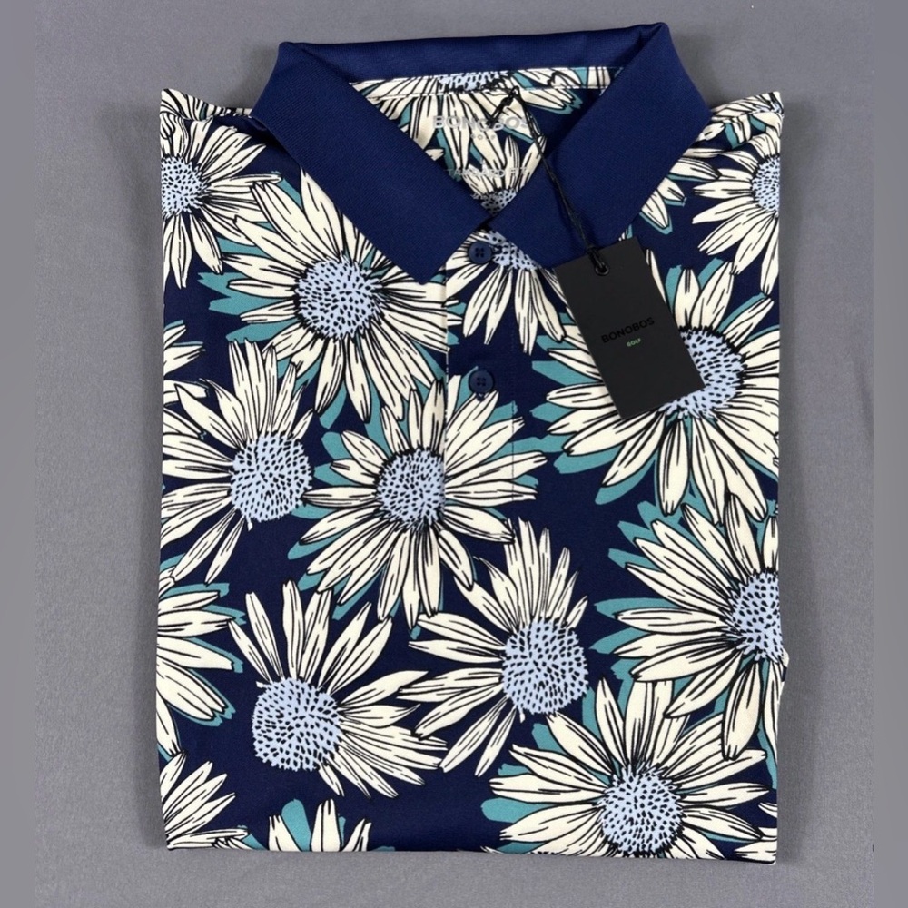 Bonobos Golf Shirt Polo Sunflowers Print Large Blue Polyester Spandex